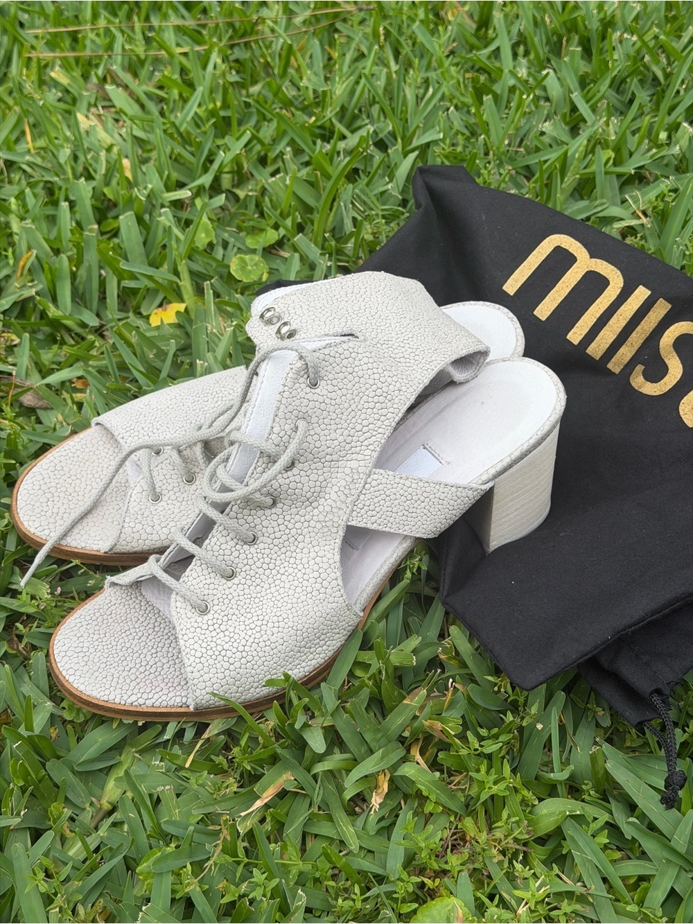 Miista Karlee Stingray Embossed Leather Lace-Up Sandals Gray Block Heel 7.5